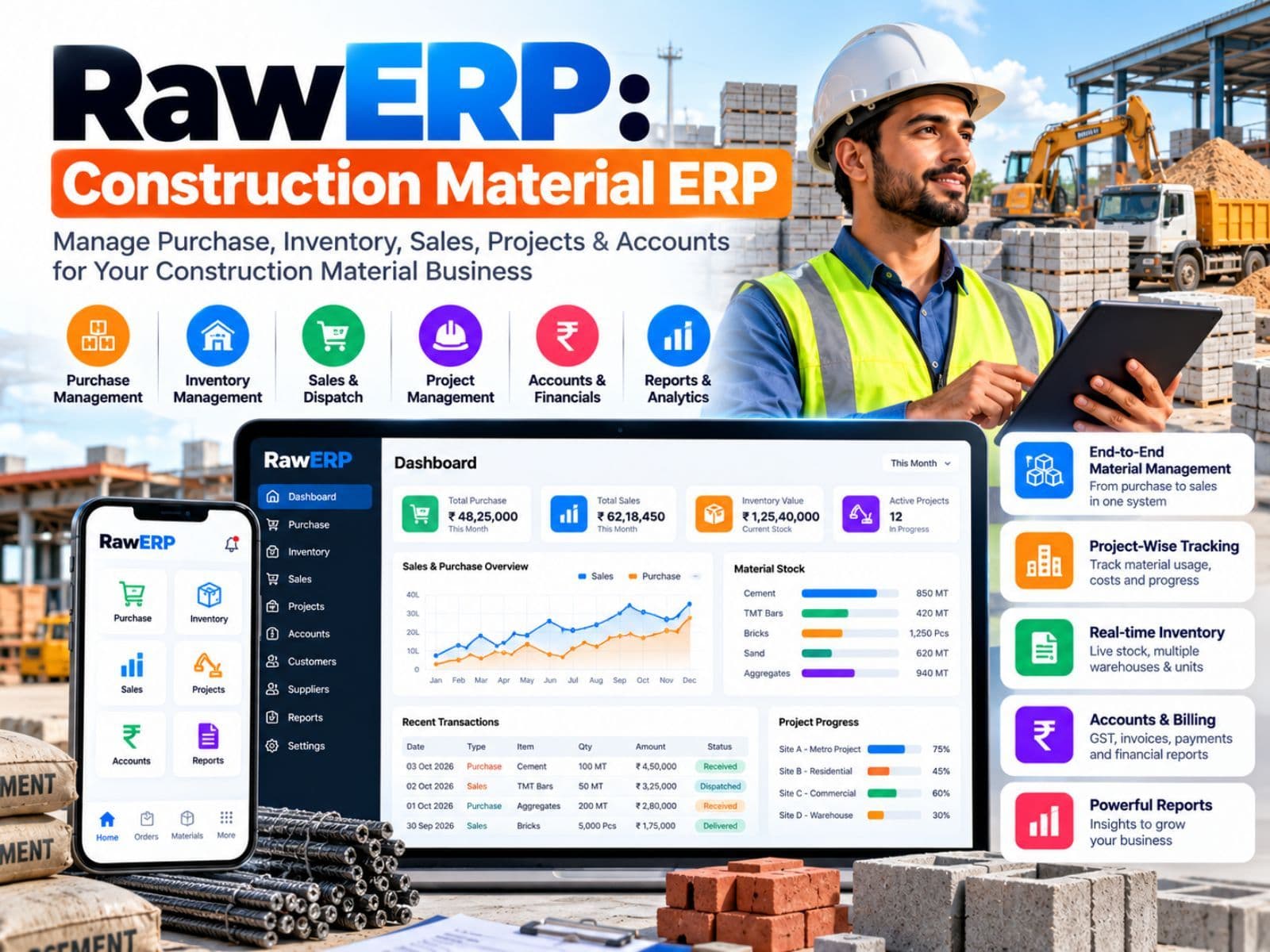 RawERP material stock ledger with cement and TMT bar balances