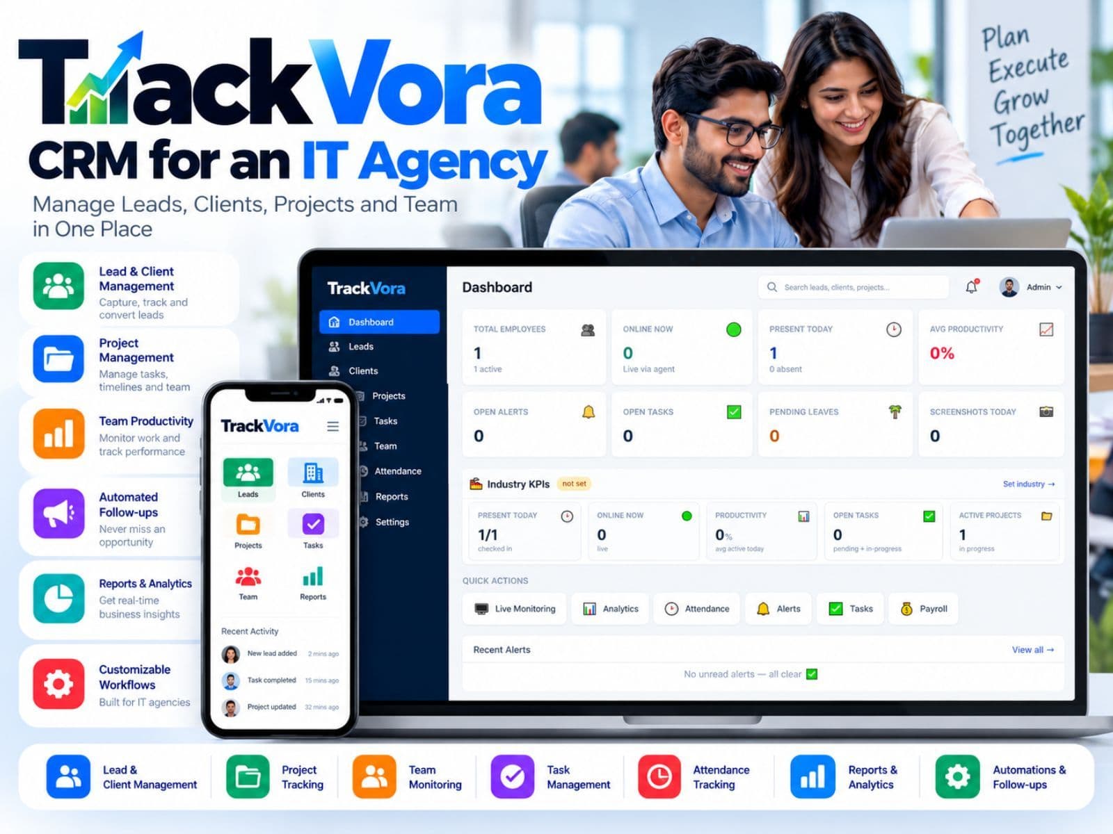 TrackVora lead pipeline with follow-up dates and proposal status